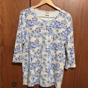Blair Size Large 12/14 Floral Blue and White Women's Top Shirt Tunic 3/4 Sleeves